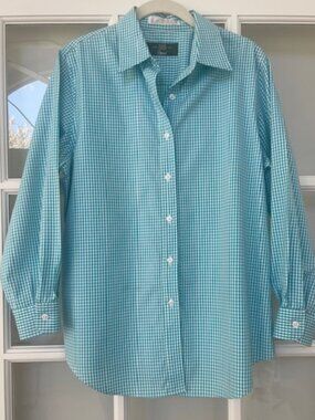 ORVIS Turquoise & White Check SHIRT/BLOUSE 100%WRINKLEFREE COTTON S10 Like New